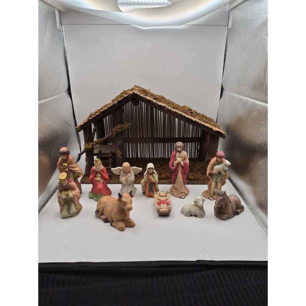 Vintage Porcelain Nativity w/ Wooden Creche Manger 12 Piece Figures Christmas